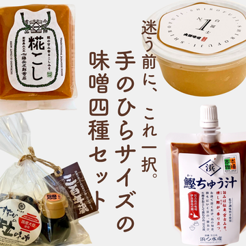 手の平サイズの味噌4種セット(ドットミソ)4種を並べた紹介カット